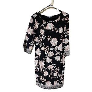 Sandra Darren Women's Size Medium Black w/ Pink Floral 3/4 Sleeve Sheath Dress